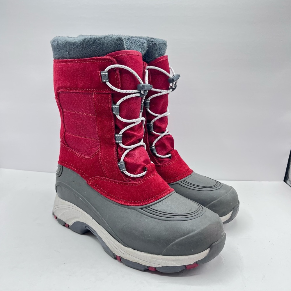 Lands’ End Women’s Size 8.5 Winter Boots Red Gray Leather Snow Cold